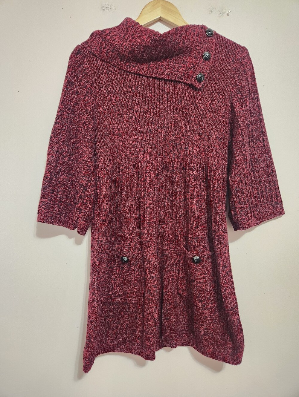 Style & Co Plus 2X Red Black Marl Knit Button Cowl Neck Tunic Sweater Whimsigoth